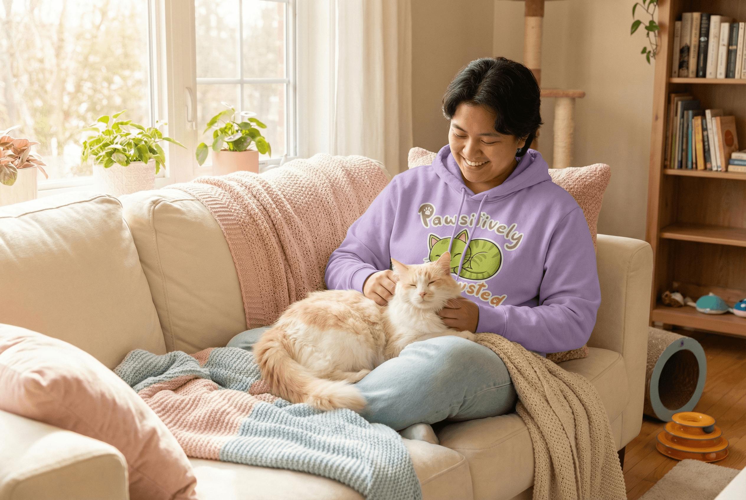 Woman wearing Pawsitively Exhausted lilac hoodie